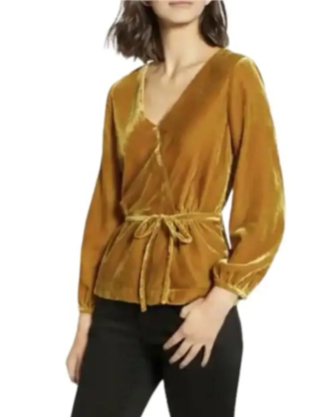 J. Crew Faux Wrap Shirt Top Blouse Mustard Yellow Velvet Long Sleeve Size 8 NWT